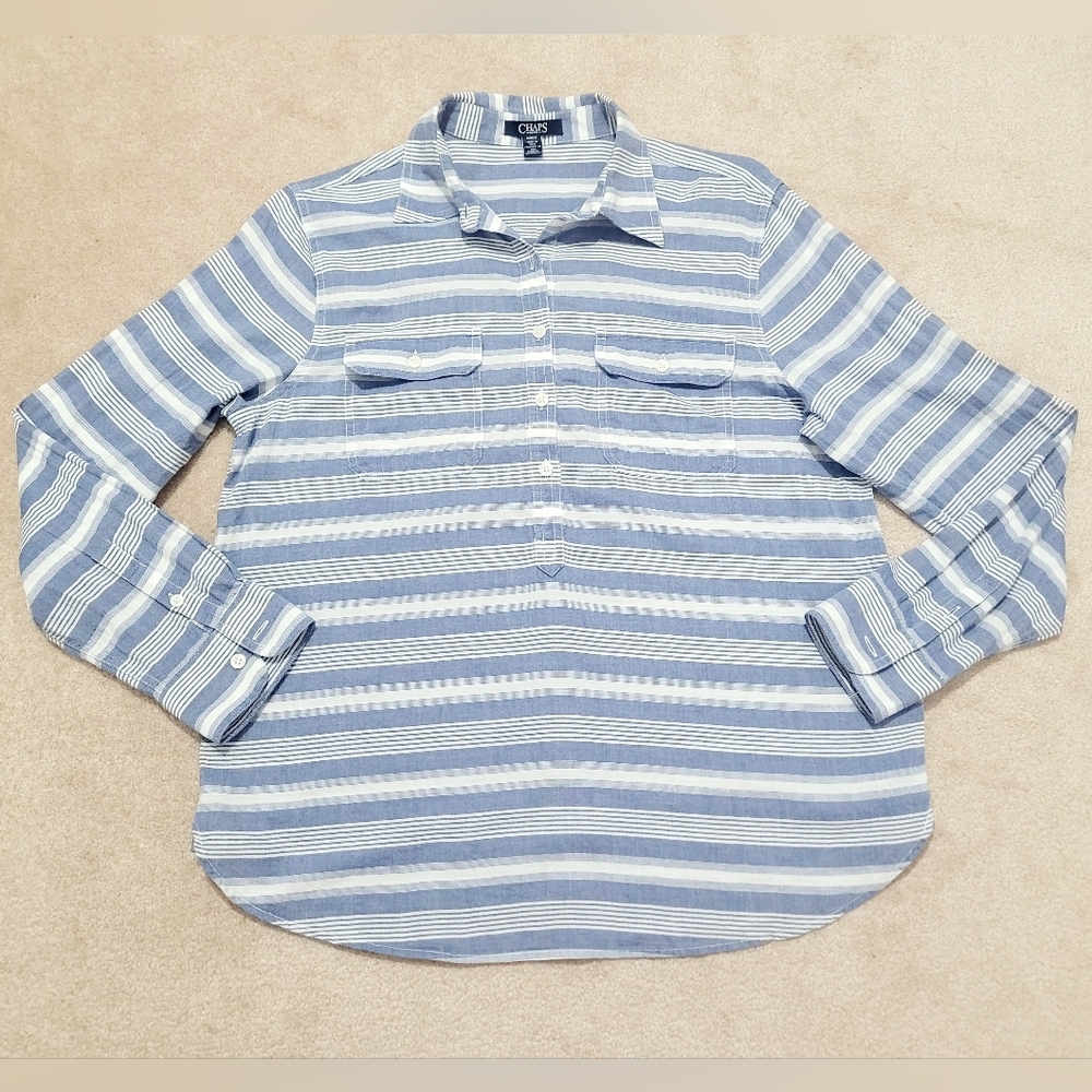 Chaps Chambray Tunic Shirt Womens Size Medium Striped 100% Cotton Button Top - Picture 11 of 11